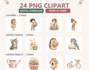 Pink Garden Friends Clipart, 24 PNG Files, Watercolor Children and Animals, Transparent Garden Illustrations