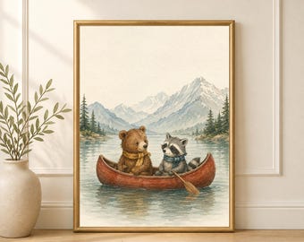 Woodland Canoe Wall Art, Bear Raccoon Kids Room Decor, Printable Digital Download