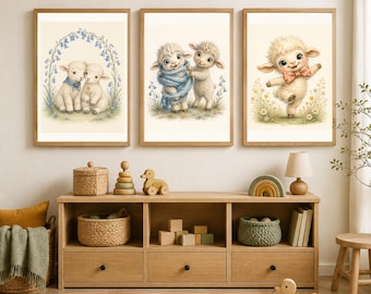Bluebell Friends Lamb Wall Art Set, 3 Printable Nursery Posters, Digital Download
