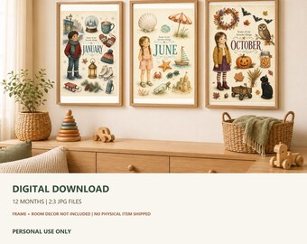 12 Month Nursery Wall Art Set, Seasonal Kids Room Posters, Printable Digital Download