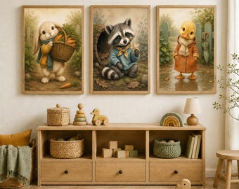 Animal Nursery Prints Set of 3, Storybook Wall Art, Digital Download