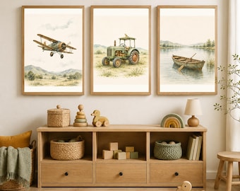 Tractor Airplane Boat Wall Art Set, Vintage Nursery Decor, Digital Download