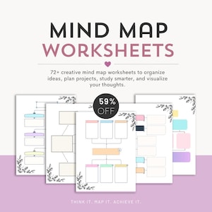 May include: A collection of mind map worksheets featuring black and white floral corner illustrations and pastel-coloured rectangular boxes for text. The text reads MIND MAP WORKSHEETS, 72+ creative mind map worksheets, 59% OFF, and THINK IT. MAP IT. ACHIEVE IT.