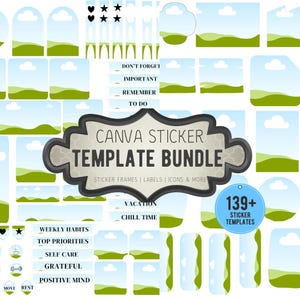 May include: A digital collection of sticker templates featuring a landscape design with green hills and blue skies with clouds. The bundle includes various shapes, labels, and icons with text such as CANVA STICKER TEMPLATE BUNDLE and 139+ STICKER TEMPLATES.