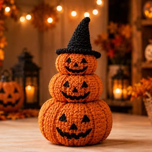 Könnte beinhalten: Eine gestapelte Häkel-Kürbisfigur bestehend aus drei orangefarbenen Kürbissen unterschiedlicher Größe, die jeweils ein schwarzes, aufgesticktes Jack-o'-Lantern-Gesicht haben. Der oberste Kürbis trägt einen spitzen, schwarzen Häkel-Hexenhut.
