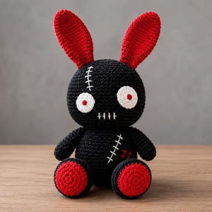 May include: A black crocheted stuffed rabbit toy with long red ears and red circular feet. The rabbit features white circular eyes with red centers, white stitched details on the head and torso, and a horizontal white stitched line for a mouth.