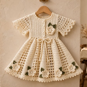 May include: A cream-colored crochet dress featuring a round neckline, short flared sleeves, and a button-down front. The skirt has a grid-like pattern adorned with several white crocheted flowers with dark green leaves and a tie-waist detail.