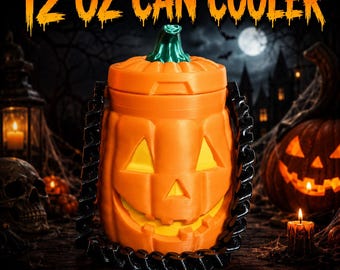 May include: A 12 oz can cooler shaped like an orange jack-o'-lantern with a green stem lid and a black chain-link handle. The text 12 OZ CAN COOLER and 3MF INSTANT DOWNLOAD is printed in orange and white against a dark Halloween background.