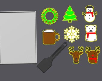 May include: A rectangular gray tray, a black spatula, and eight holiday-themed cookie cutters including a green wreath, a green tree, a snowman, a brown mug, a white snowflake, a white bear, and two brown reindeer with red accents.