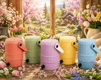May include: Five cylindrical beverage dispensers in coral, sage green, lavender, yellow, and light blue. Each container features a textured knit pattern, a matching lid, a side handle with a black pivot point, and a small black spigot at the base.