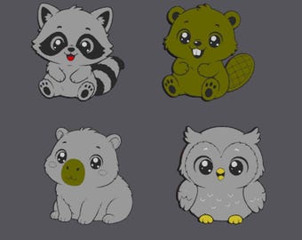 May include: A graphic illustration featuring four cartoon animals: a gray raccoon with a striped tail, an olive green beaver with a flat tail, a gray wombat with a green nose, and a gray owl with yellow feet, all arranged on a dark gray background.