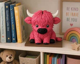 May include: A bright pink Highland cow figurine with a textured, shaggy coat, white horns, and black hooves and nose. The cow is seated on a flat, square brown base, featuring a coin slot on its back, designed as a decorative money bank.