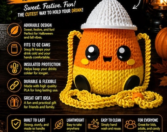 May include: A candy corn-shaped 12 ounce can holder with a white top, orange middle, and yellow base. It features a smiling face with large black eyes, a small mouth, and two yellow circular cheeks. A yellow braided strap is attached to the sides.
