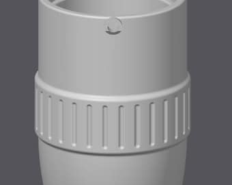 May include: A light gray cylindrical plastic component featuring a central band with vertical ridges and two small circular openings located near the top rim. The object has a smooth, matte finish and a hollow interior, designed as a connector.