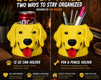 May include: A yellow golden retriever dog head shaped container with a black nose and red tongue. The text reads GOLDEN TIMES TWO WAYS TO STAY ORGANIZED, 12 OZ CAN HOLDER, PEN & PENCIL HOLDER, and KAW DESIGNS. It functions as a drink can holder or desk organizer.