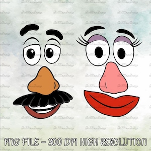 May include: Two sets of cartoon facial features. The left set includes black eyebrows, white eyes with black pupils, a tan nose, and a black mustache over a brown mouth. The right set features black eyebrows with eyelashes, purple eyeshadow, white eyes, a pink nose, and red lips.