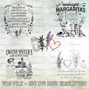 May include: A digital graphic collection featuring black line art illustrations of salt shakers, lavender sprigs, rosemary, hearts, frogs, and a house. Text includes "Always throw spilled SALT over your left shoulder" and "midnight MARGARITAS".