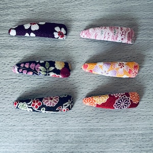 Handmade Japanese-style crepe kimono fabric hair clip, traditional Yuzen floral pattern snap clip, cute accessory