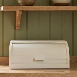 Rustic White Wooden Roll Top Bread Box Farmhouse Countertop Storage Bin Country Kitchen Organizer