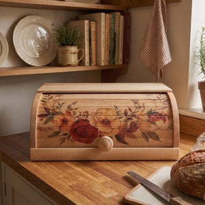 Panera de madera con estampado floral, estilo clásico, con tapa enrollable, para guardar el pan, decoración vintage hecha a mano para la cocina.