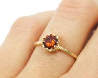 Gold ring. Garnet red gem ring. cz ring, red ring, romantic ring, stackable ring, stacking ring, gold jewelry, gift for her. (kai9)