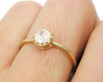 Gold ring. Gem ring. cz ring, white gem ring, romantic ring, stackable ring, stacking ring, gold jewelry, gift for her (kai9)