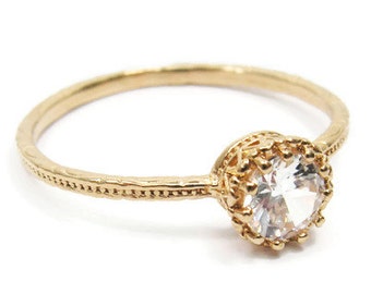 Gold ring. Gem ring. cz ring, clear ring, romantic ring, sparkly ring, stackable ring, stacking ring, gift for her (kai9)