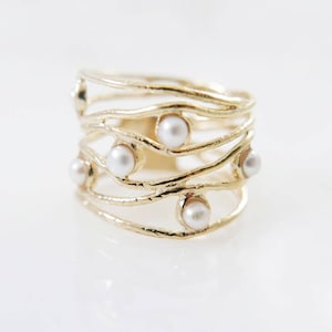 Gold Pearl  ring. Pearl ring.  Pearl gold ring. Wide ring.  Wide  Pearl ring. Wave gold ring. Wave  Pearl ring.  Pearl jewelry. Gift