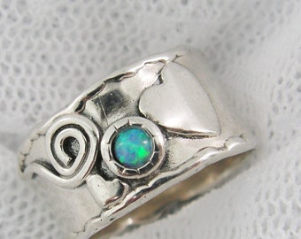 Opal band. Sterling silver opal ring. Heart swirl ring. Opal ring. birthday gift for sister bff wife girlfriend, opal jewelry  (sr-9566-513)