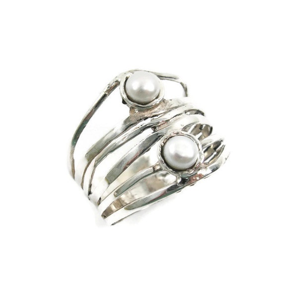 Pearl Ring. Sterling Silver Ring. Silver Pearl Ring. Wide Etsy