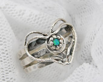 Romantic ring. Silver opal ring. Opal ring. Sterling silver ring. Heart opal ring. Heart silver ring. Heart ring. Solitaire (sr-9951-1546)