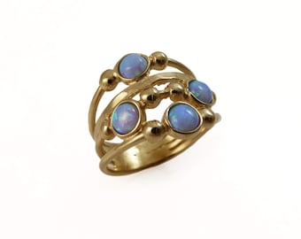 Gold opal ring. Opal ring. blue Opal gold ring. Wide ring. Wide gold ring. Wide opal ring. Wave gold ring. Wave opal ring.