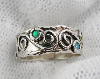 Sterling silver opal ring. Sterling silver ring. Spiral opal ring. Spiral silver ring. Wide silver ring. (sr-9577-524) Opal jewelry