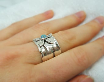 Wide opal silver ring. Sterling silver opal ring. Silver flower ring. Opal floral ring. Wide silver ring .opal jewelry. Bouo ring