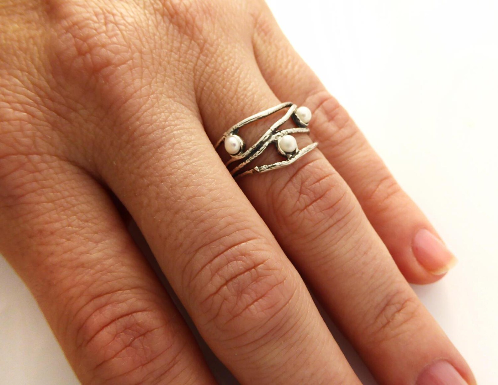 Pearl Ring. Sterling Silver Pearl Ring. Wave Ring. Pearl Etsy