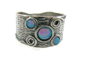 Sterling silver opal ring. Textured ring. Silver ring. Opal ring. Wide ring. Wide silver ring. Wide opal ring. Opal jewelry. silver jewelry