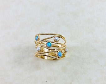 Gold opal pearls ring. Opal ring. Opal gold ring. Wide ring. Wide gold ring. Wide opal pearls ring. Opal jewelry. Gift for