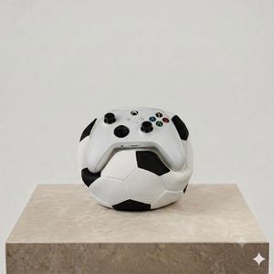 May include: A white wireless video game controller with black analog sticks and colored action buttons resting on top of a black and white soccer ball. The controller features the Xbox logo and standard directional inputs on its front surface.