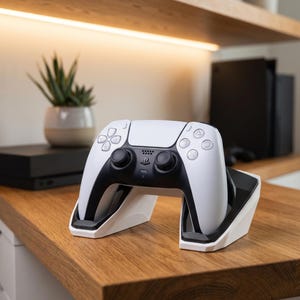 May include: A white and black wireless video game controller resting in a white plastic charging dock. The controller features a central touchpad, two black analog sticks, a directional pad, and four action buttons with geometric symbols.
