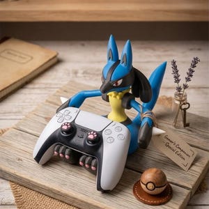 Puede incluir: Una figura de Lucario azul y amarilla que sostiene un mando de videojuego blanco y negro con agarres para los pulgares en forma de huella rosa. Una pequeña esfera de madera con un diseño circular se encuentra cerca, y una etiqueta dice Gamer's Companion - Special Edition.