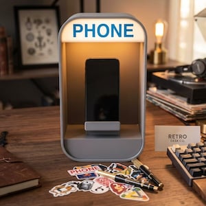 May include: A gray, rectangular phone docking station with a built-in light box at the top displaying the word PHONE in blue letters. The device features a central slot for a smartphone, a smooth matte finish, and a minimalist, upright design.