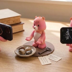 May include: Three pink bear-shaped figurines acting as smartphone stands. One holds a black phone horizontally, another holds a phone vertically, and the third stands empty-handed near a small ceramic bowl containing four smooth stones and a metal key.