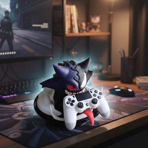 May include: A dual-toned purple and black character figure with sharp ears and red eyes, featuring a long red tongue extending outward. The figure is designed as a controller stand, currently holding a white gaming controller in its grasp.