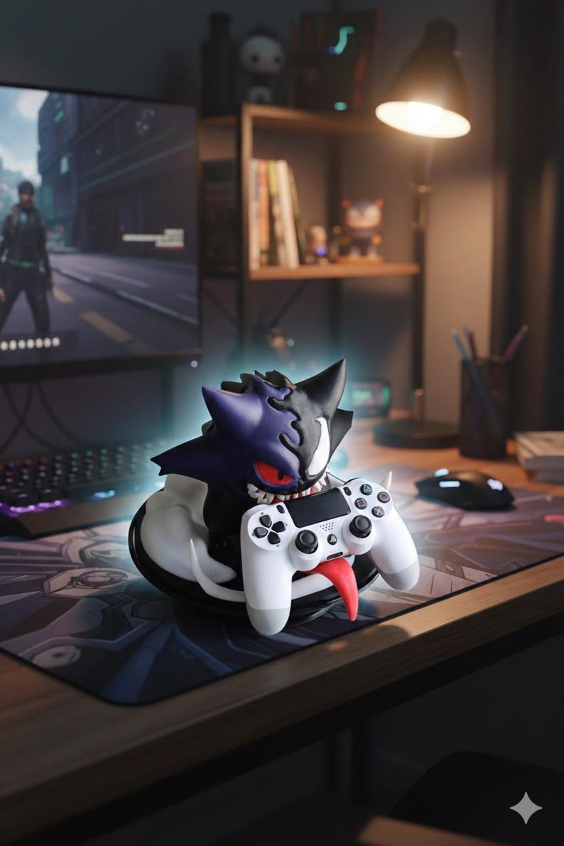 May include: A dual-toned purple and black character figure with sharp ears and red eyes, featuring a long red tongue extending outward. The figure is designed as a controller stand, currently holding a white gaming controller in its grasp.