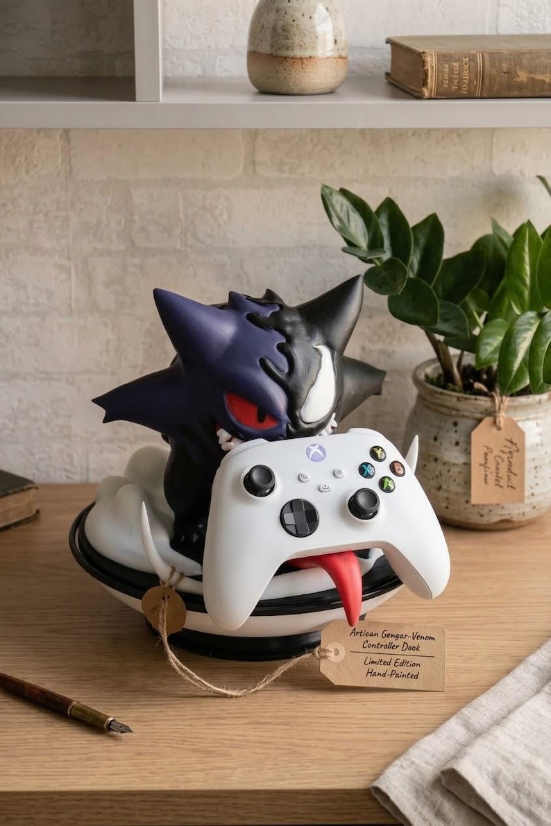 May include: A hand-painted controller dock featuring a hybrid Gengar and Venom character figure in purple and black, holding a white Xbox wireless controller. The base is a black and white bowl shape with a tag reading Artiean Gengar-Venom Controller Dock.