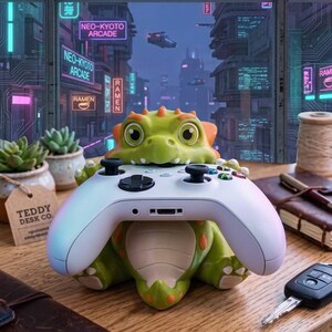 May include: A green dinosaur-shaped controller stand holding a white wireless game controller. The figure has large eyes, orange spots, and a cream-colored belly. It sits on a wooden surface in front of a window with a neon city view.