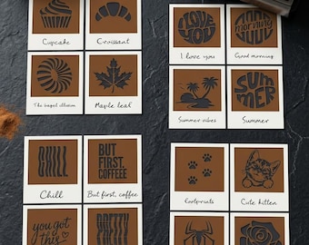 Puede incluir: Una colección de dieciséis tarjetas cuadradas con fondos marrones y diseños recortados en marrón oscuro. Cada tarjeta presenta un gráfico único, incluyendo un cupcake, croissant, bagel, hoja de arce, gatito, araña, rosa y varias frases de texto como I love you, Good morning, Summer, Chill, But first, coffee, You got this y Pretty.