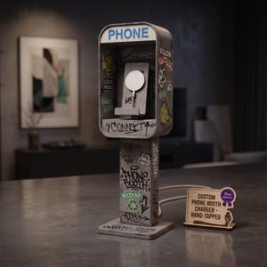 Puede incluir: Un cargador en miniatura con forma de cabina telefónica, con un exterior desgastado cubierto de grafitis y la palabra PHONE en la parte superior. Incluye una base de carga circular en el interior y un letrero de madera que dice CUSTOM PHONE BOOTH CHARGER - HAND-TAPPED.