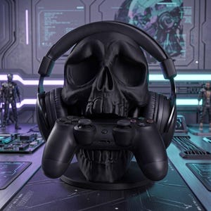 May include: A matte black skull-shaped stand featuring a pair of black over-ear headphones resting on top and a black video game controller positioned in the mouth area, all mounted on a circular base for display and organization.