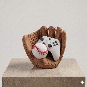 Puede incluir: Una escultura de guante de béisbol marrón que sostiene una pelota de béisbol blanca con costuras rojas y un mando de videojuego blanco con joysticks negros y botones de acción multicolores. El guante tiene una superficie texturizada.